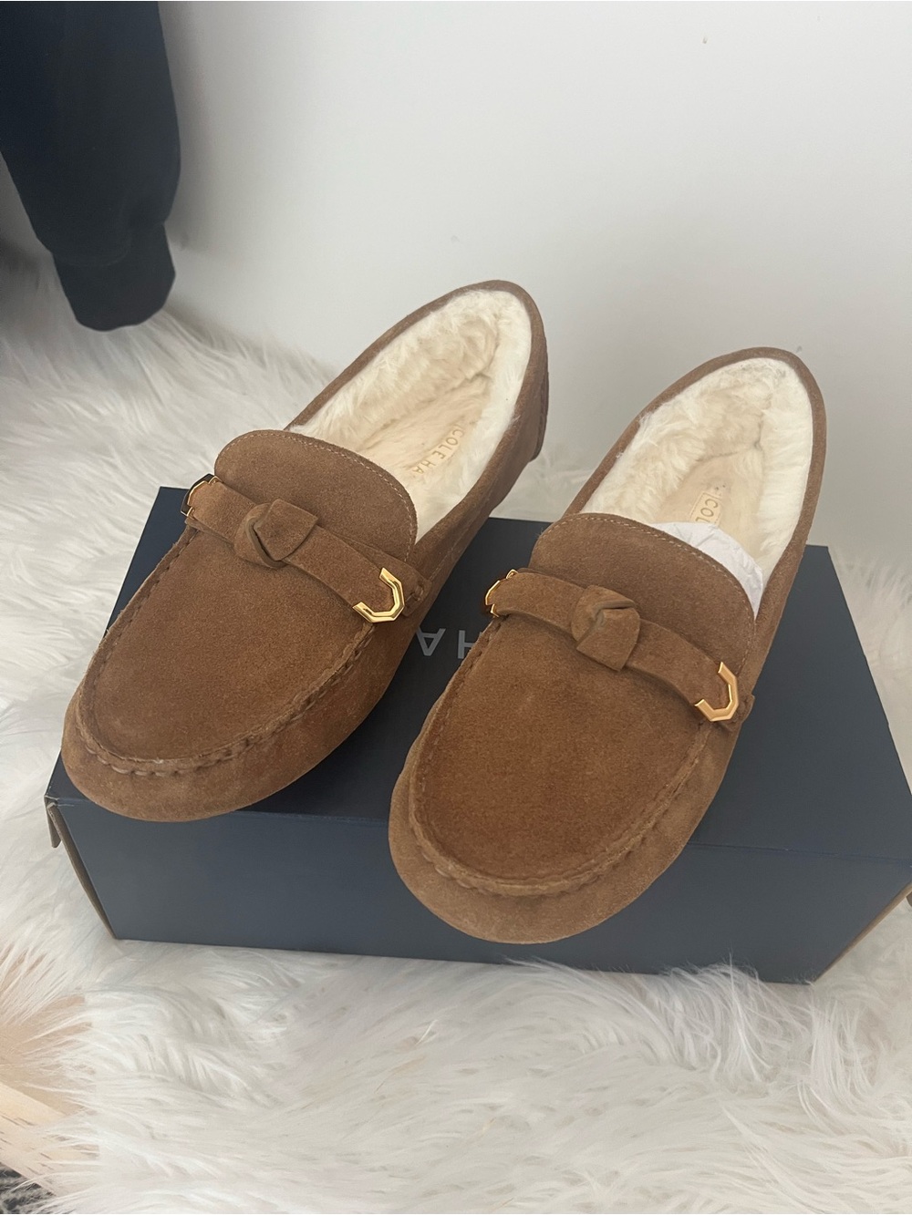 Cole Haan Brown Suede Moccasin Loafers with Shearling Lining
